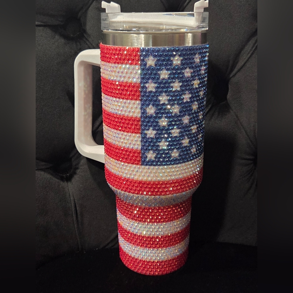 American Flag 40oz  Tumbler With Red, White And Blue Rhinestones